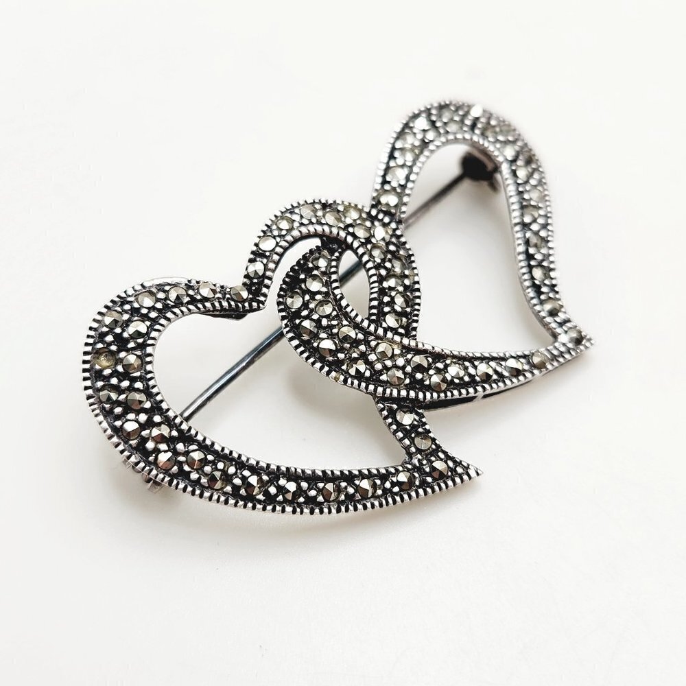 Vintage Marcasite Encrusted Double Interwoven Open Heart 925 Silver Brooch